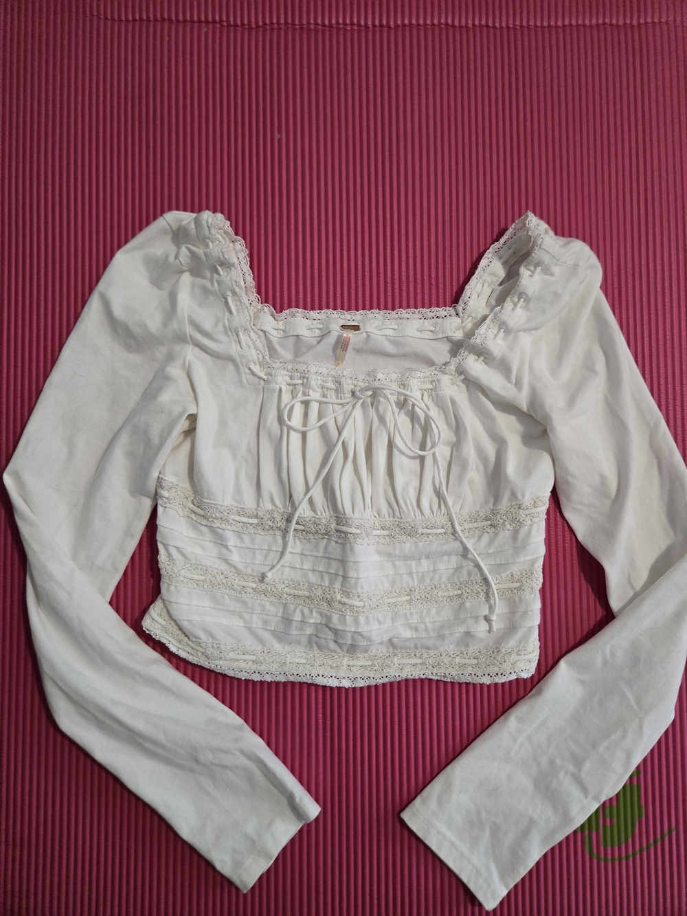 Free People Cropped White Lace-Trim Long Sleeve Square Neck Top